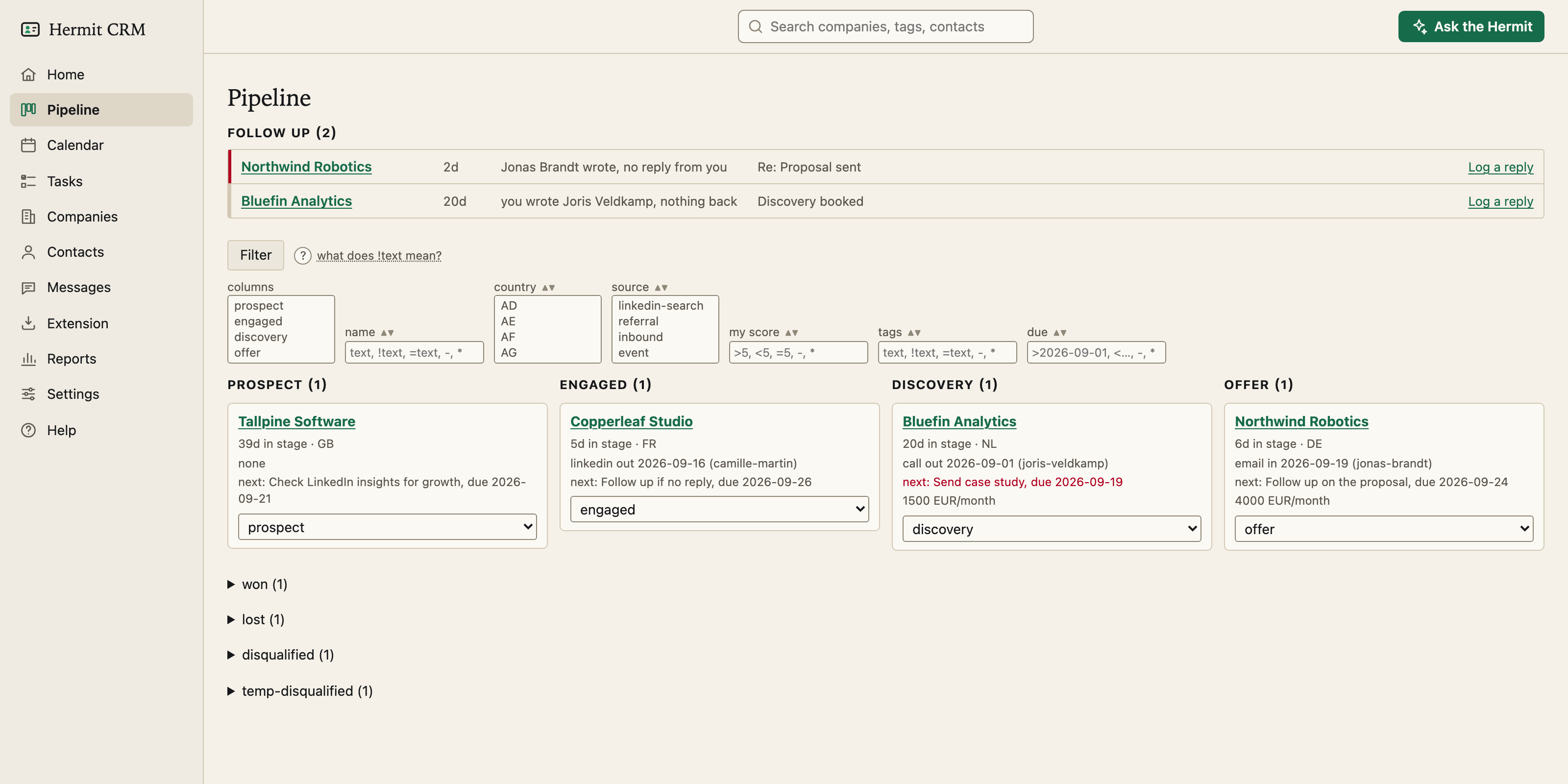 The Hermit CRM pipeline board in the browser, filled with made-up demo companies, Northwind Robotics among them.